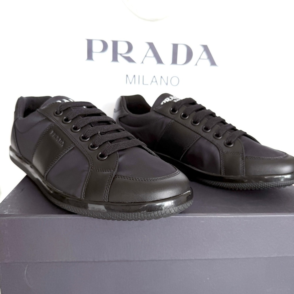 PRADA 2EG355 Blue Black Leather Re-Nylon Sneakers Shoes - NEW - US 10.5 UK 9.5 - Picture 4 of 15
